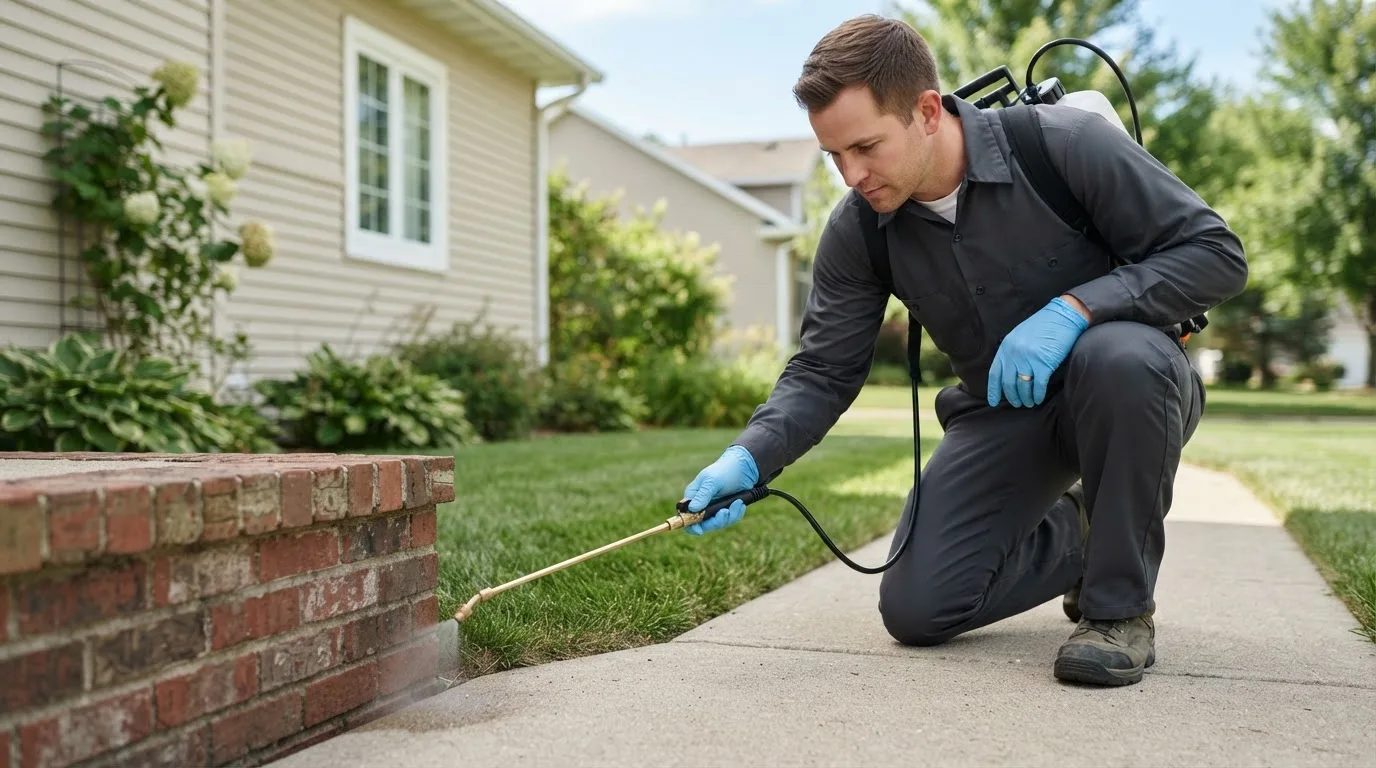 Pest control technician treating a home near North Rose, NY
