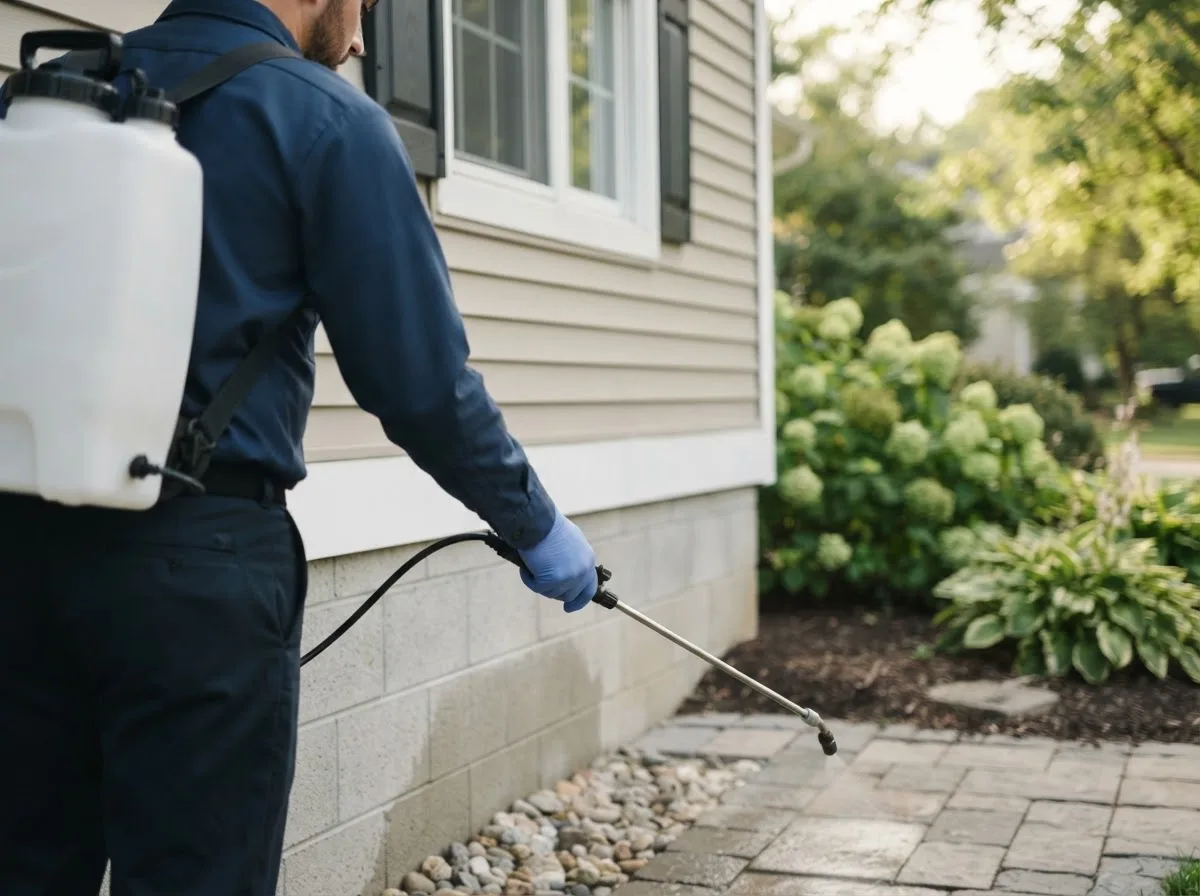 Pest control technician inspecting a home in North Rose, NY